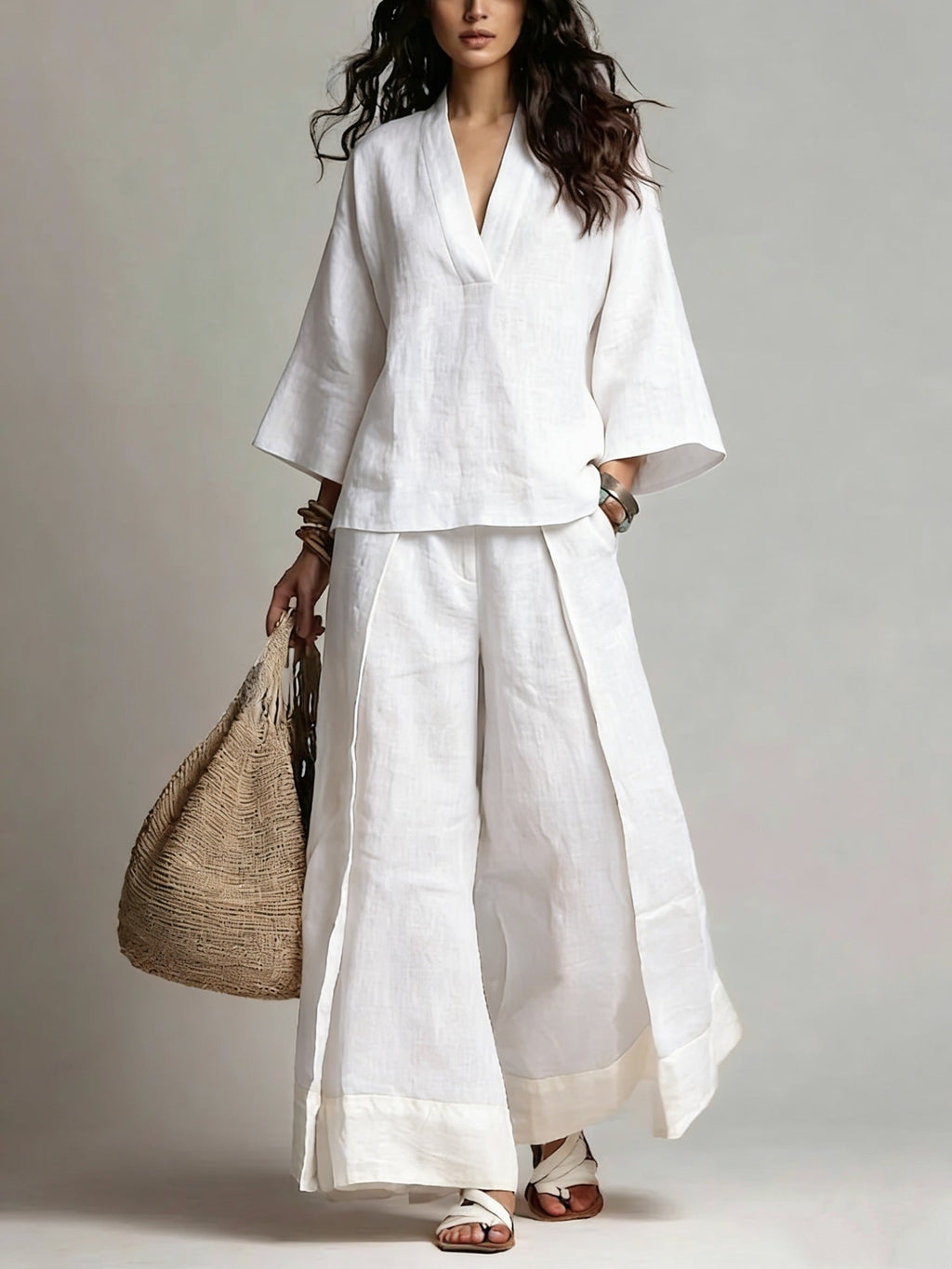 Women's Cotton-Linen V-Neck 3/4 Sleeve Shirt & Wide-Leg Pants Set