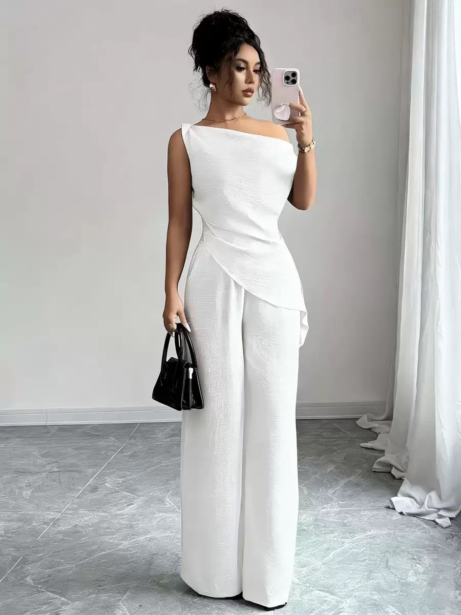 One-Shoulder Asymmetric Top & Wide-Leg Pants 2-Piece Set – Women's Elegant Co-ord Suit