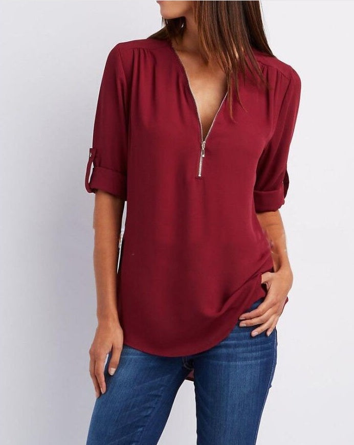 Women's Short-Sleeve Zip V-Neck Loose Top