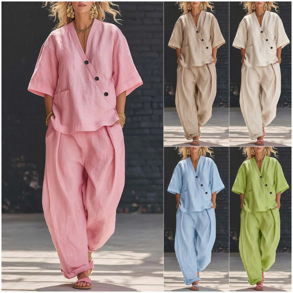 V-Neck Short Sleeve Top & High-Waist Trousers Two-Piece Set