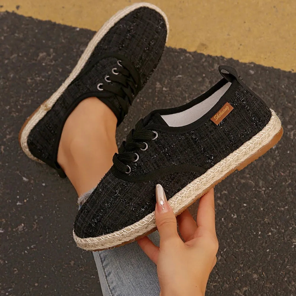 Tweed Lace-Up Round Toe Flat Sneakers – Canvas PU Casual