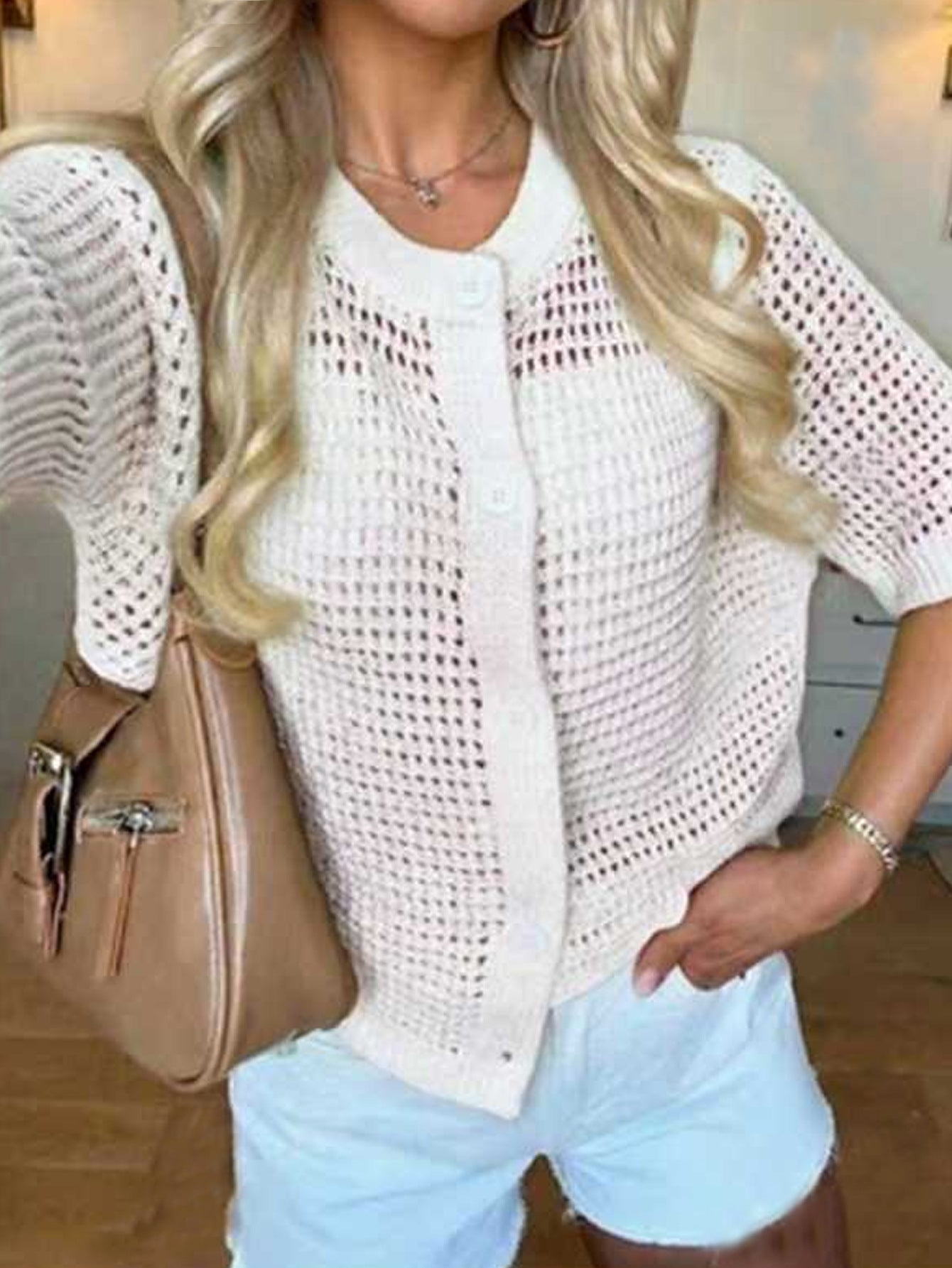 Women's Hollow-Out Knit Cardigan – Open Front, Short Sleeve, Solid Color