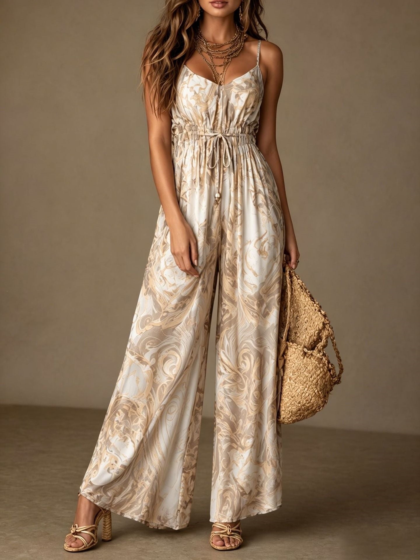 Women's Printed Backless Camisole Wide Leg Jumpsuit