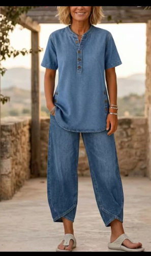 Women's Lapel Button-Up Top & Pants Two-Piece Set – Three-Quarter Sleeve