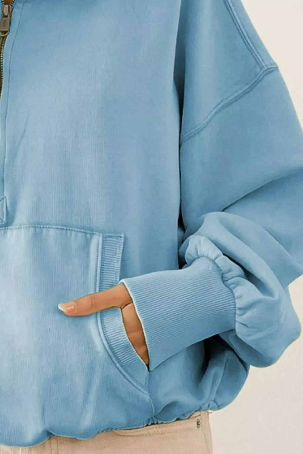 BiBi Stitch Detailed Elastic Hem Half Zip Fleece Hoodie