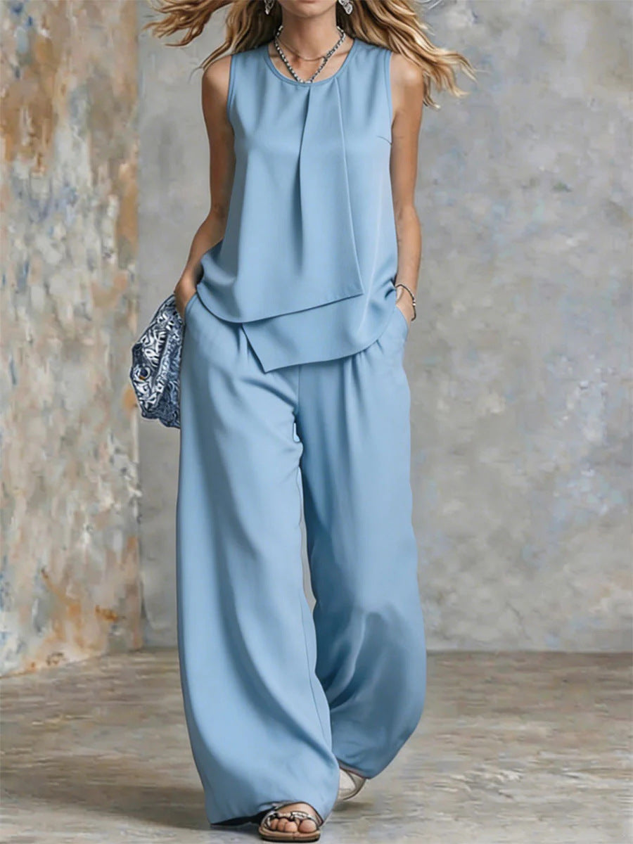 Women's Sleeveless Two-Piece Set – Solid Color Wide-Leg Pants & Top