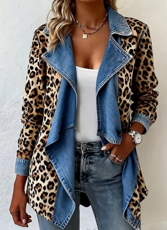 Patchwork Denim Collar Women’s Long-Sleeved Mid-Length Coat
