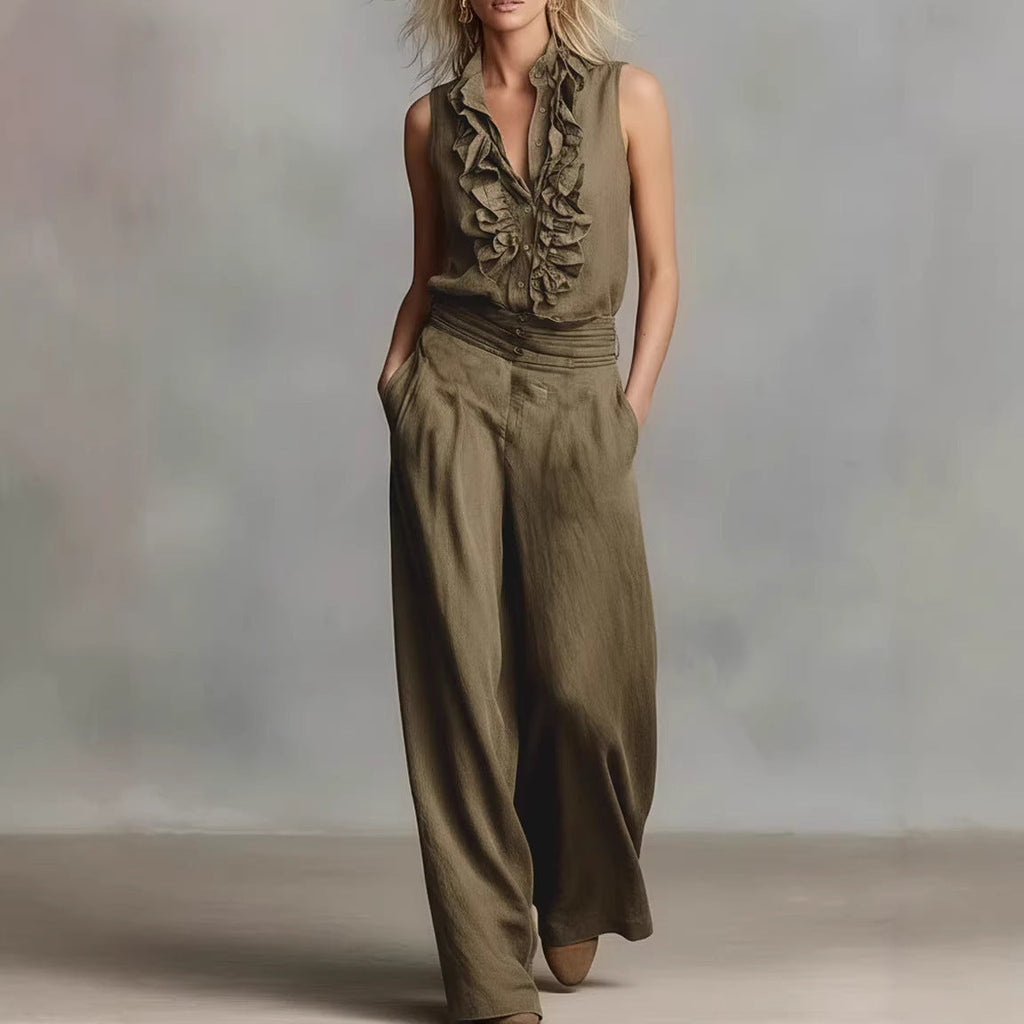 Women’s Linen Blend Two-Piece Set – Sleeveless Shirt & Wide-Leg Pants