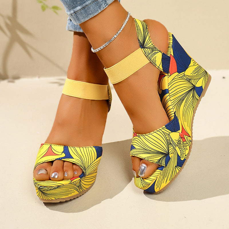 Women's Printed Platform Wedge Sandals with Elastic Ankle Strap