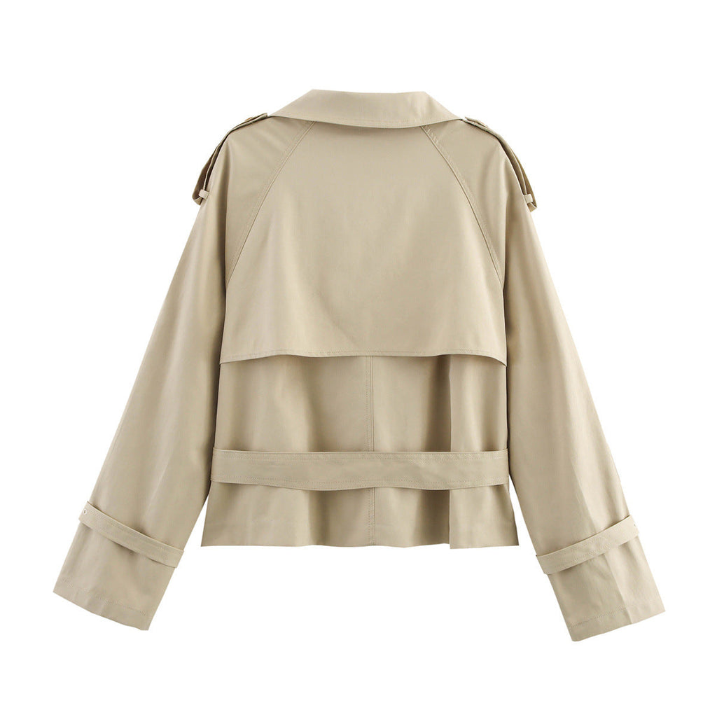 Women's Notch-Collar Short Trench Coat with Belt Buckle Detail