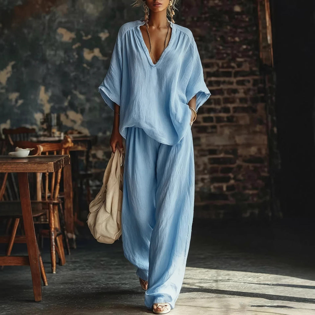 V-Neck Loose Short-Sleeve Top & Pants Set – 5 Colors, S–4XL