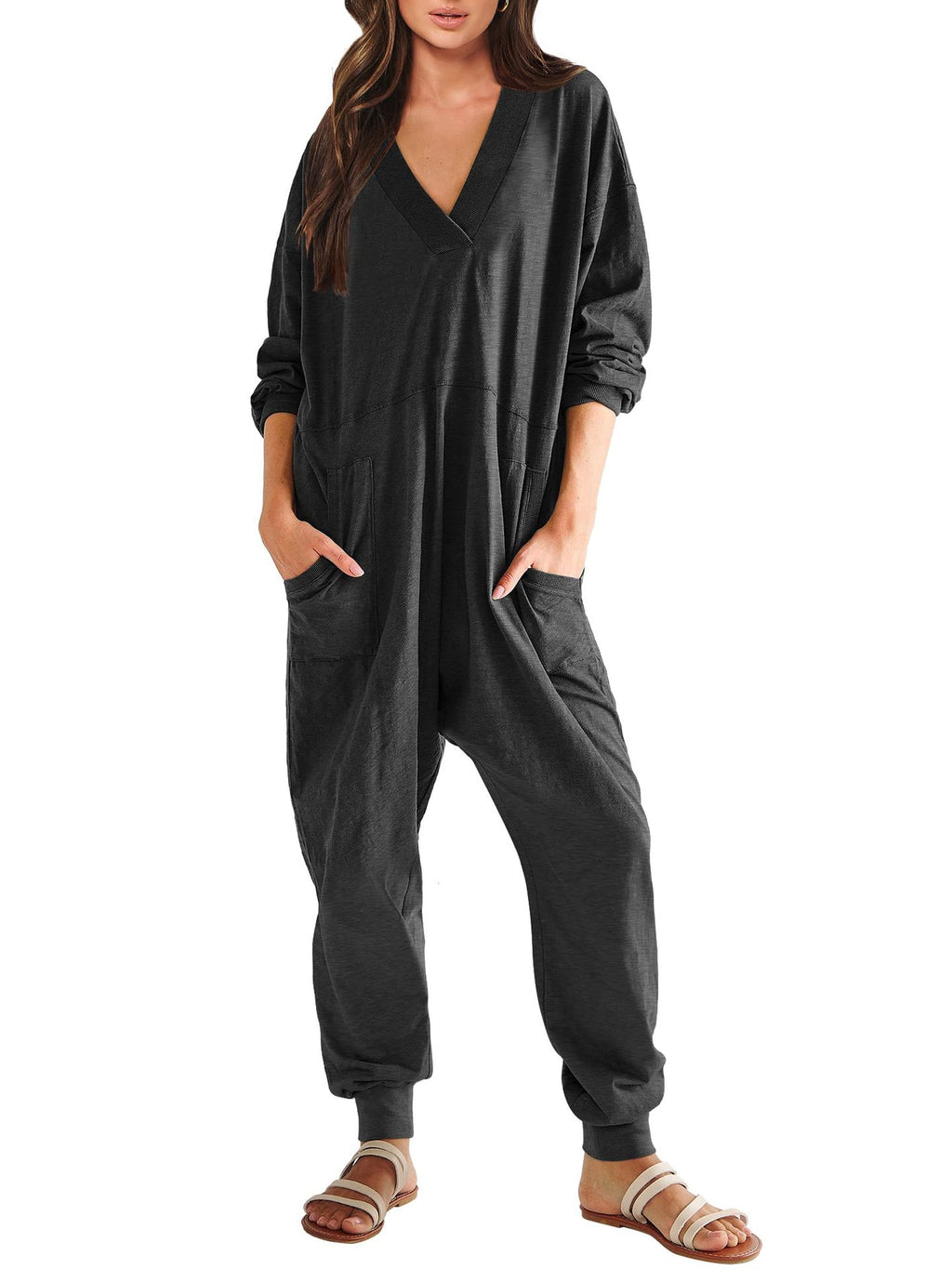 Women’s V-Neck Long Sleeve Solid Color Loose Jumpsuit With Two Side Pockets