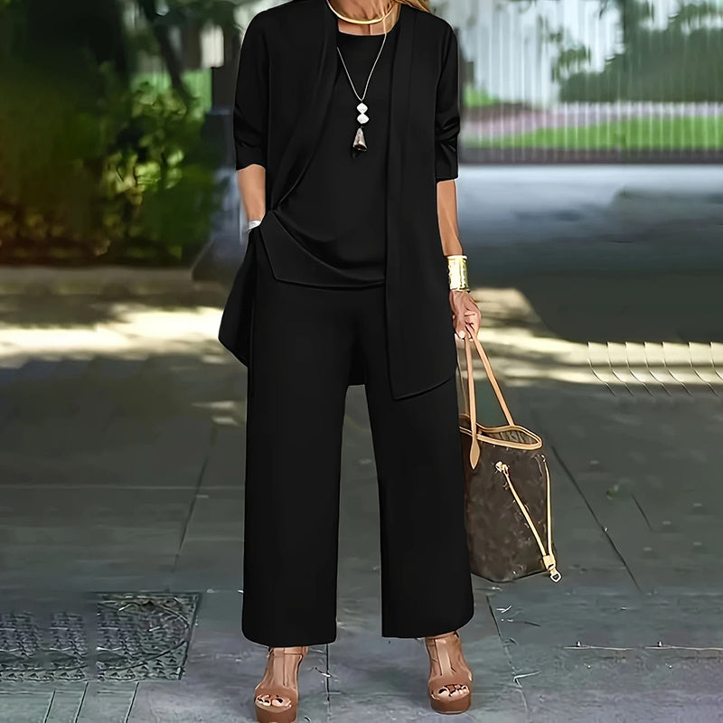 Women's Plus Size 3-Piece Lounge Set – Cardigan, Vest & Wide-Leg Pants