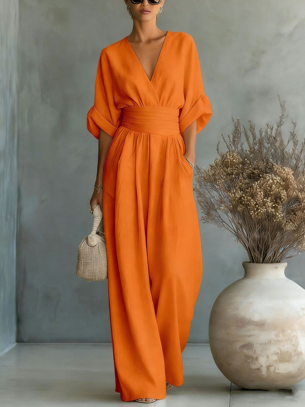 Women's V-Neck Wide-Leg Jumpsuit – High Waist Pleated Elegant 11 Colors S–5XL