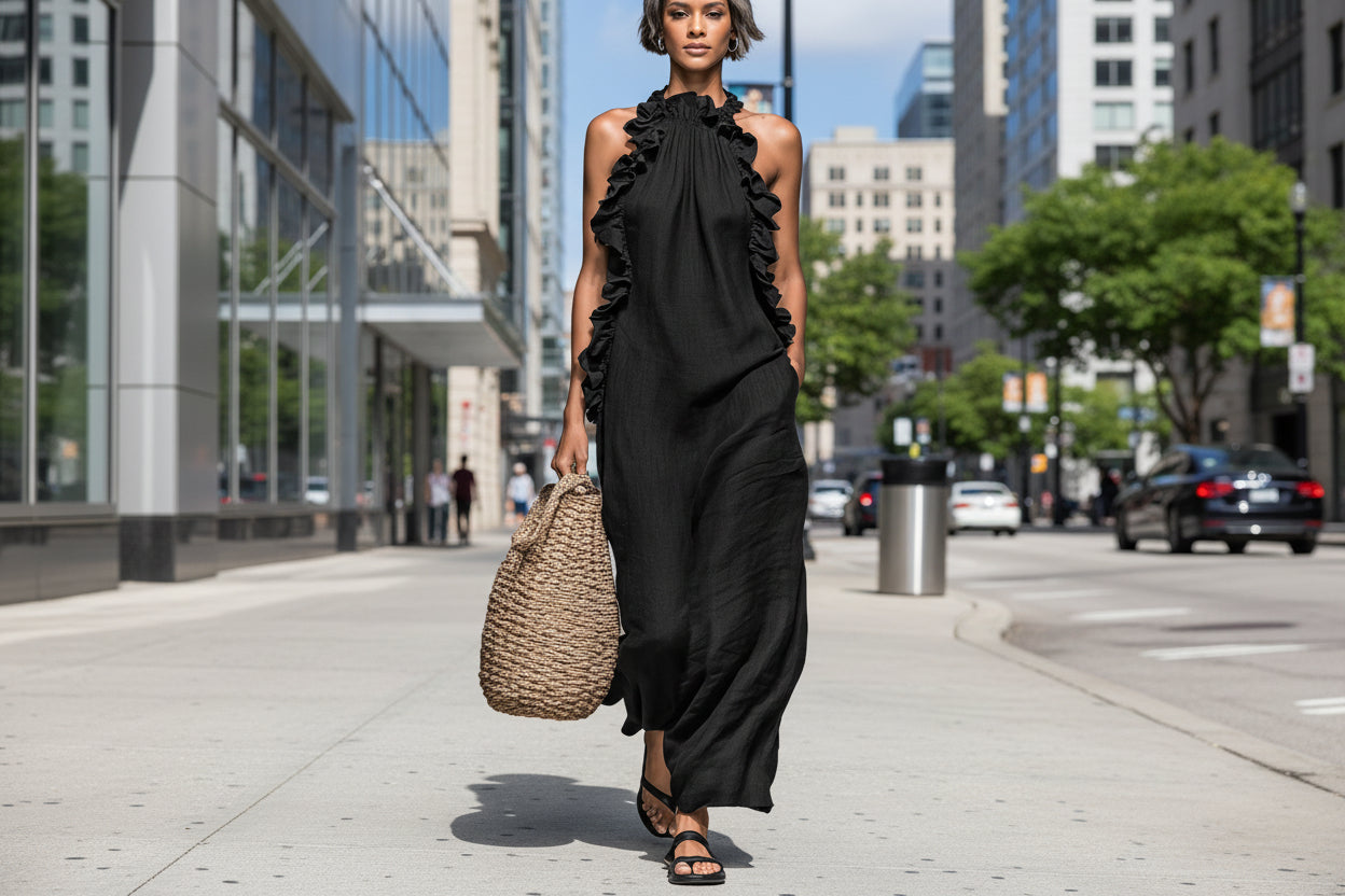 Women's Resort Ruffled Halterneck Sleeveless Open-Back Maxi Dress