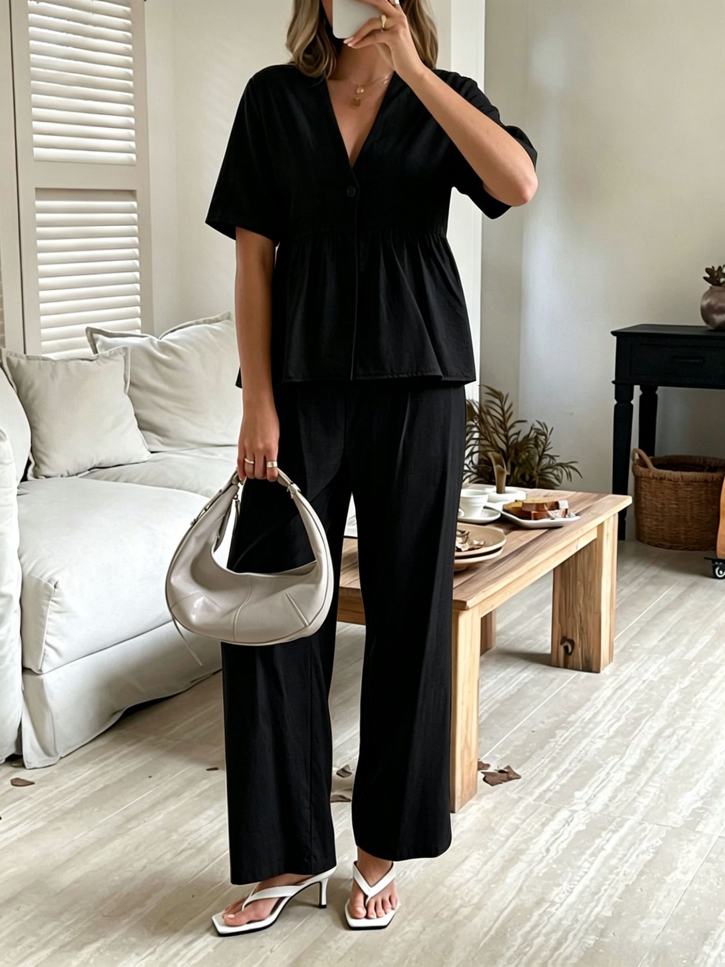 Women's V-Neck Loose Short-Sleeve Top & Wide-Leg Pants Set