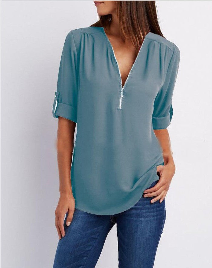 Women's Short-Sleeve Zip V-Neck Loose Top
