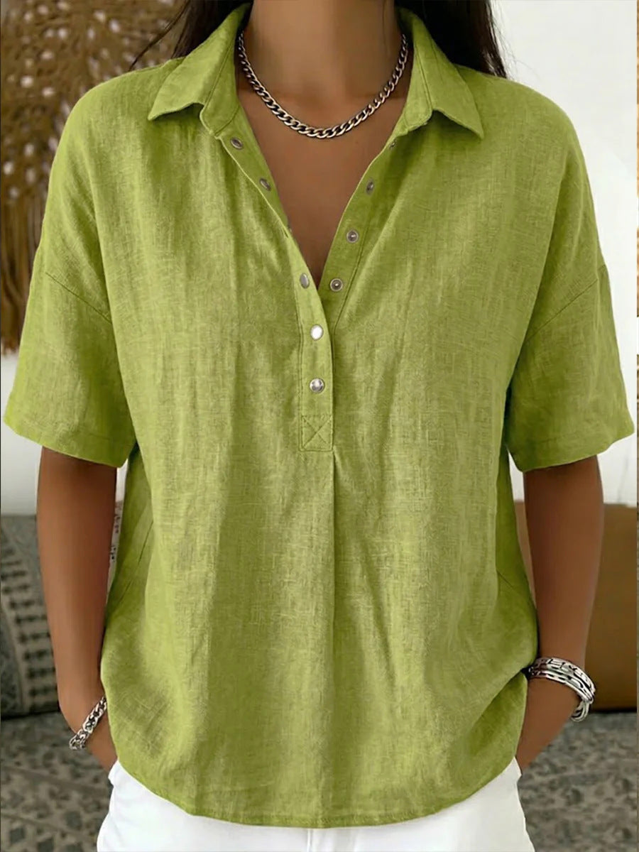 Short Sleeve Button Pullover Shirt – Solid Color Women’s Top