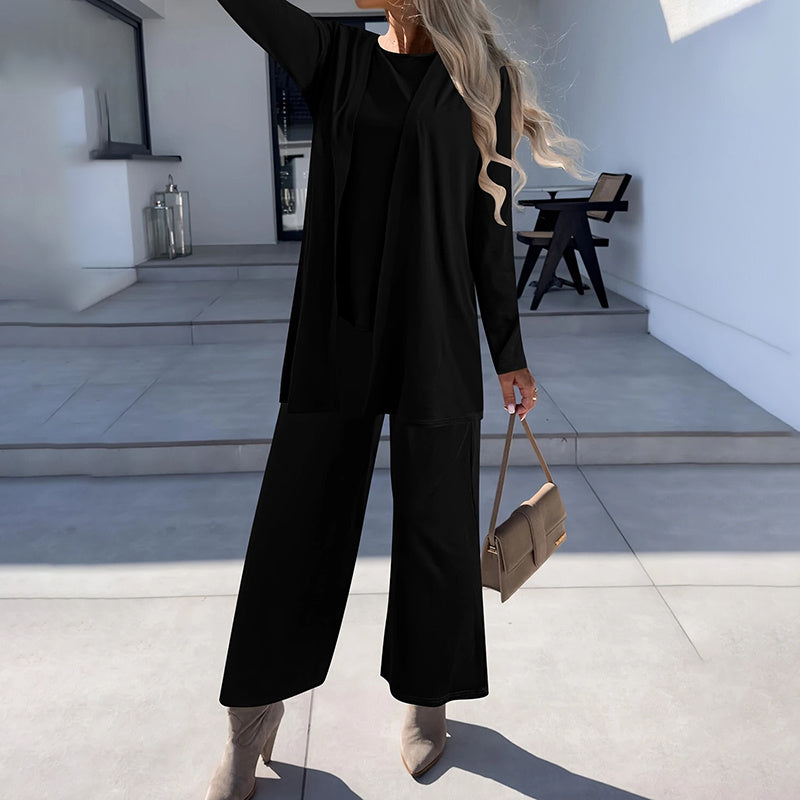 Women's Plus Size 3-Piece Lounge Set – Cardigan, Vest & Wide-Leg Pants