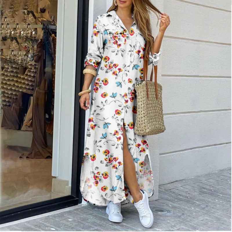 Women's Lapel-Collar Long Shirt Dress – Floral Print Midi Relaxed Fit