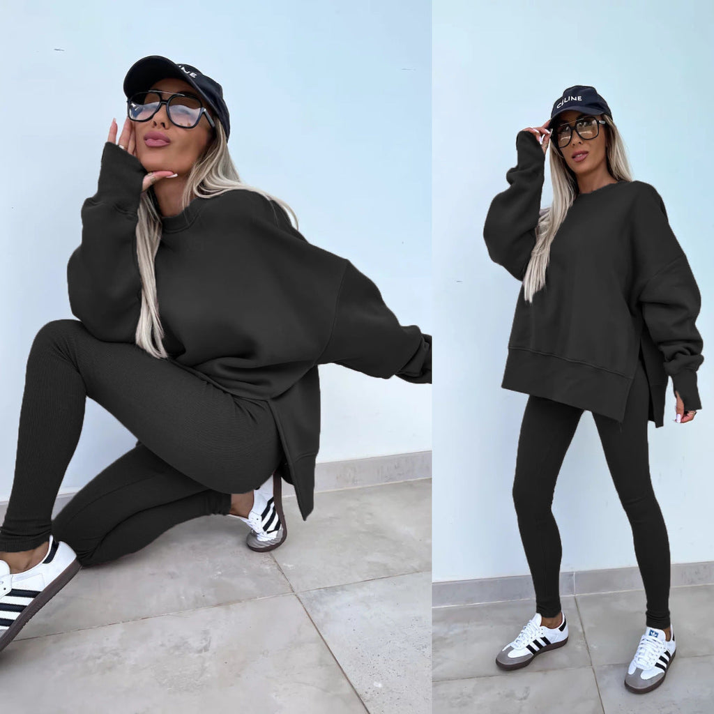 Women’s Casual Sweater Suit – Loose Split Top & Fitted Trousers Set