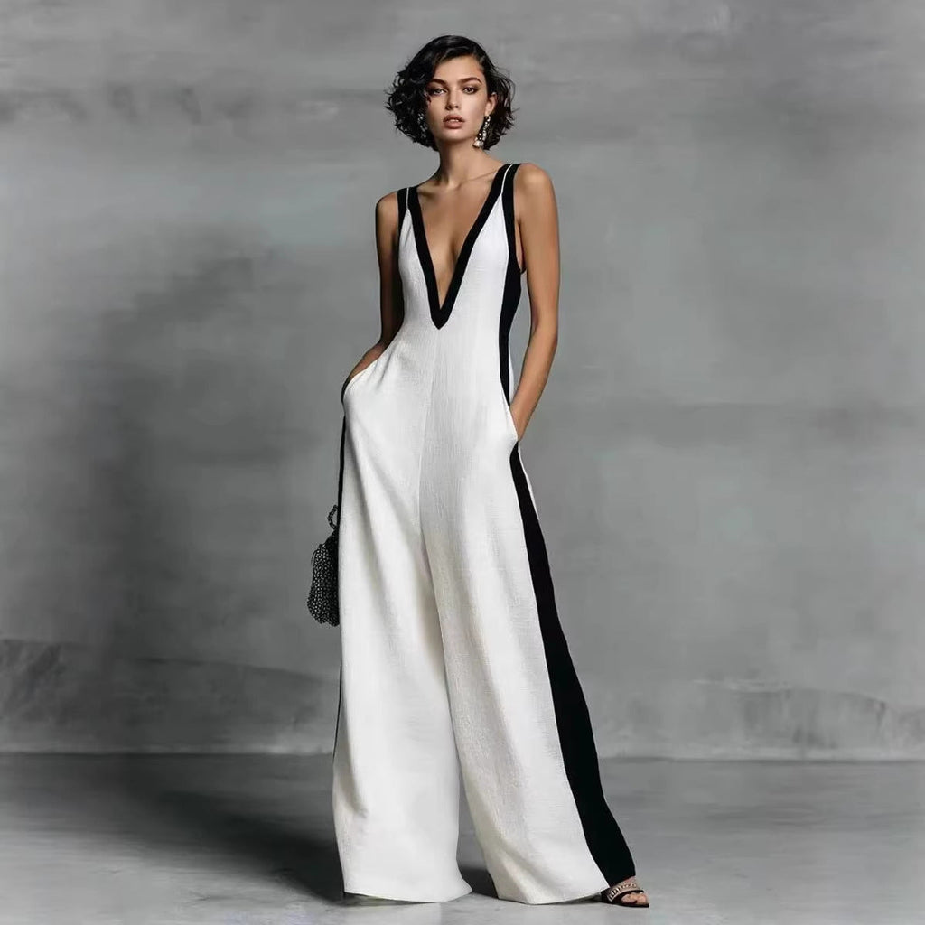 Women's Color-Block Sleeveless V-Neck Wide-Leg Jumpsuit – French Style Long Pants
