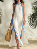 Striped Sleeveless Split Maxi Dress – Vacation & Casual Linen Dress