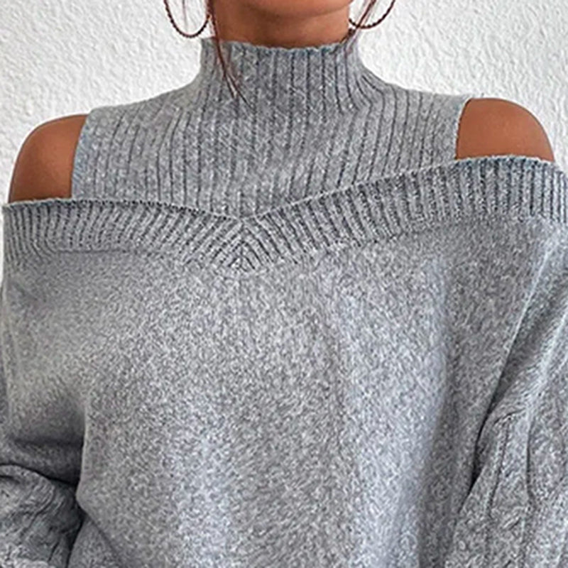 Women's Cold Shoulder Sweater - High Neck Cut Out Pullover Long Sleeve