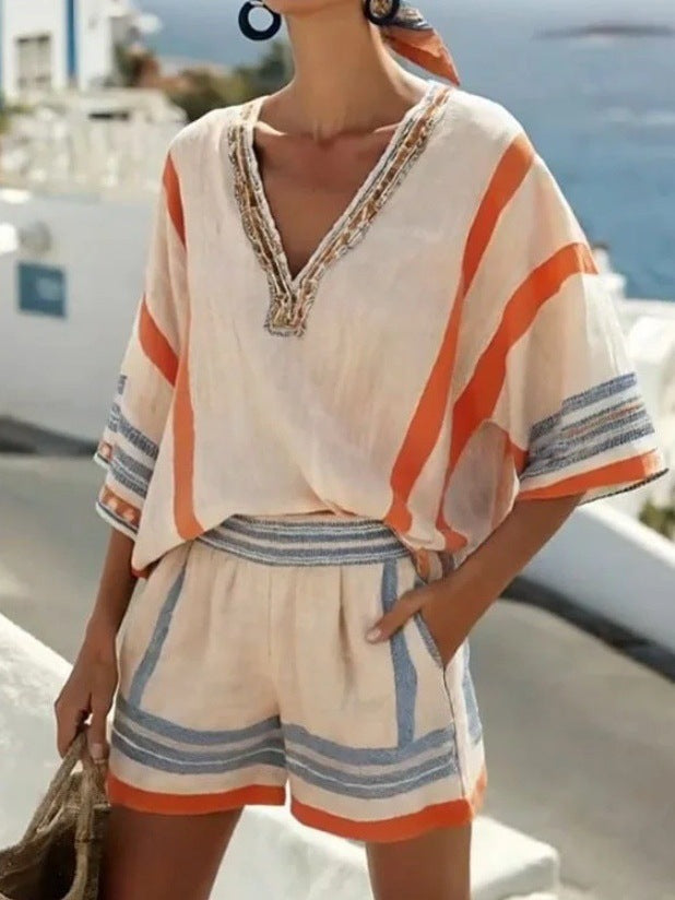 Women's V Neck Top and Shorts Set