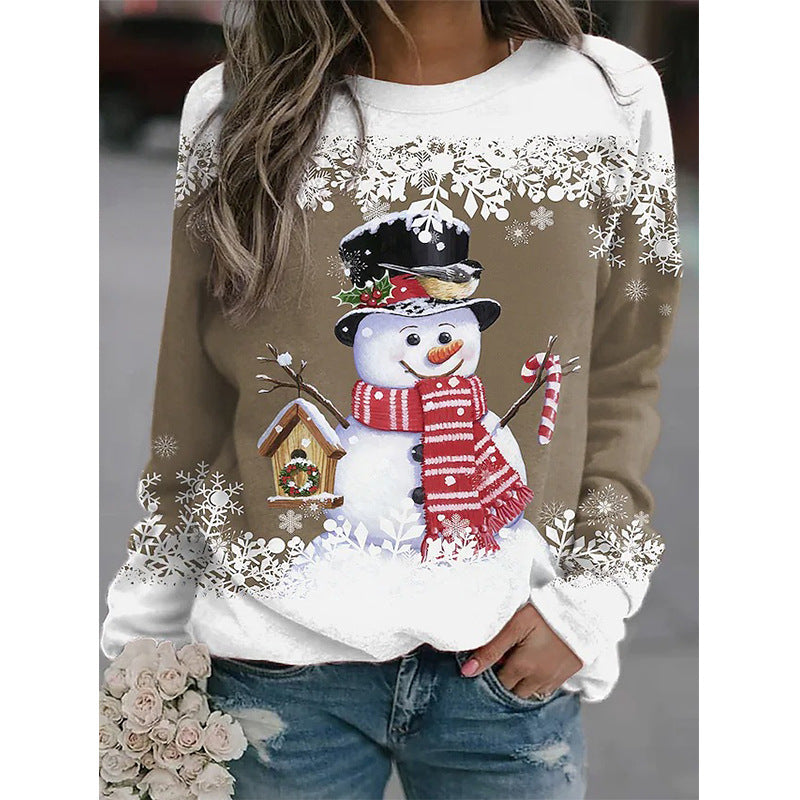 Snowman Printed Panel Loose Sweater – Casual Holiday Knit for Women