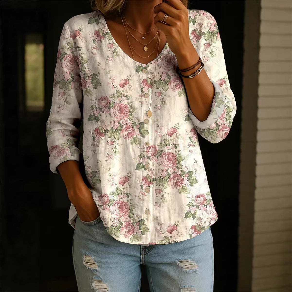 Women's Plus-Size Printed Cardigan – Boho Loose Fit 3/4 Sleeve Top