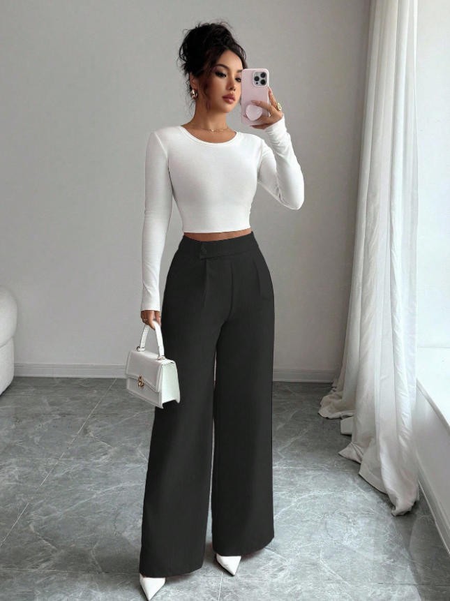 Women's High-Waist Straight-Leg Pants – Solid Color Button Detail Full Length