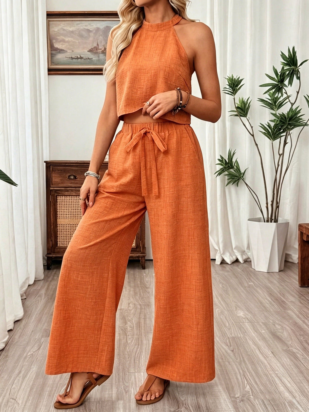 Women's Halter Neck Cropped Top & Wide-Leg Pants Two-Piece Set