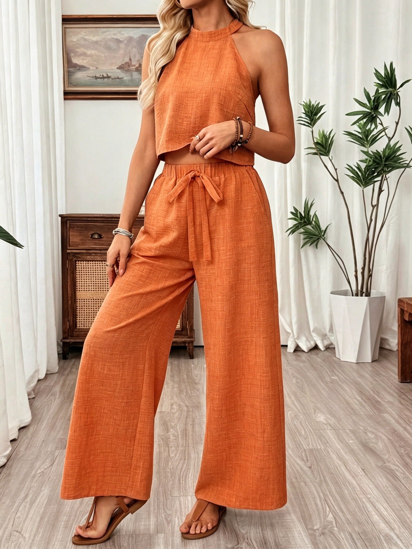 Women's Halter Neck Cropped Top & Wide-Leg Pants Two-Piece Set