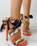 Women's Floral Ribbon Stiletto Heels – Open Toe High Heels