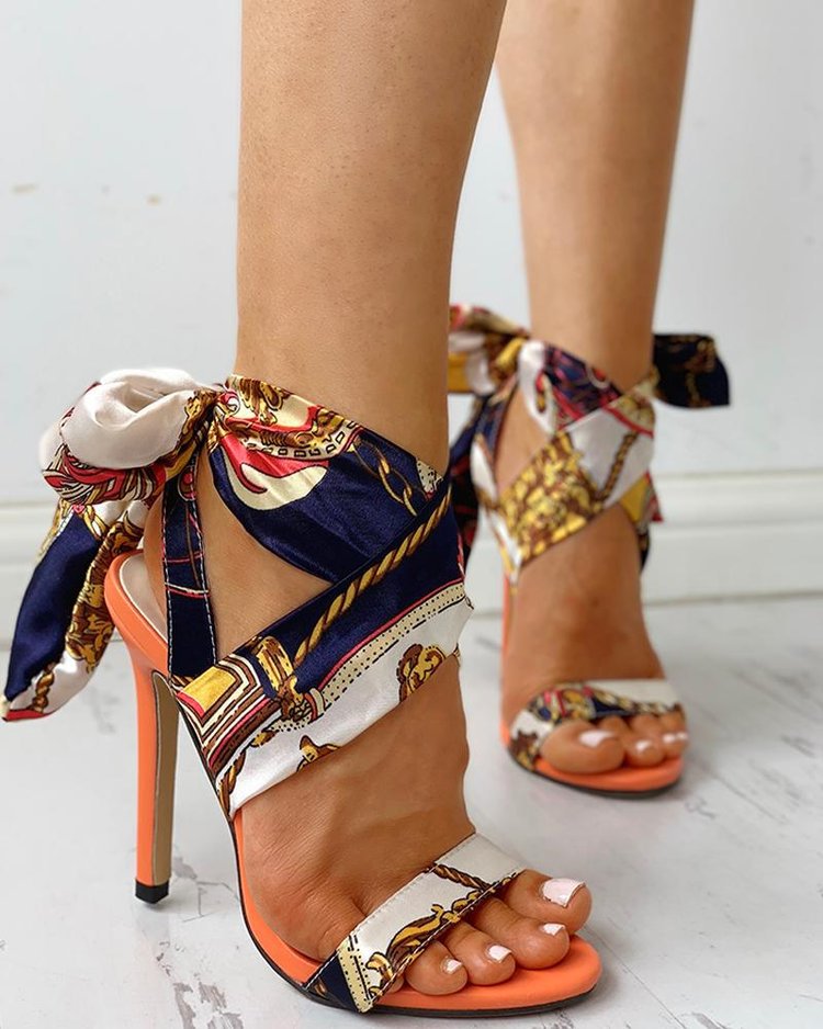 Women's Floral Ribbon Stiletto Heels – Open Toe High Heels