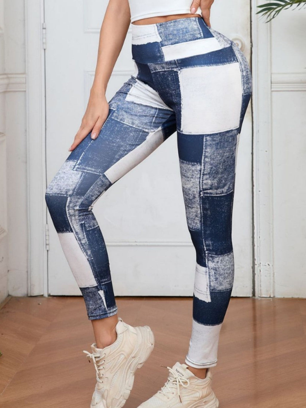 Plaid Peach Print High-Waist Tummy Control Yoga Pants – Slim Fit Fitness Leggings