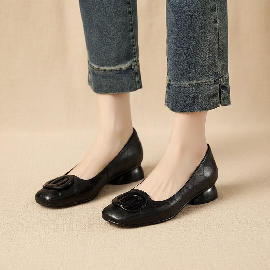 Women's French Vintage Round Toe Slip-On Flats – Low Chunky Heel Mary Jane Style