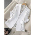Women's Lace Patchwork Blazer | Three-Quarter Sleeve One-Button Suit Jacket in White & Black