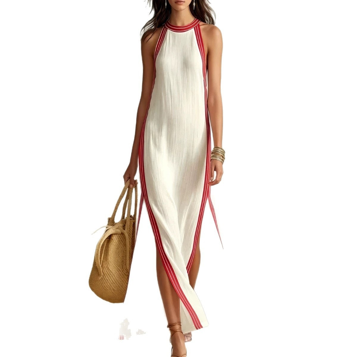 Striped Sleeveless Split Maxi Dress – Vacation & Casual Linen Dress