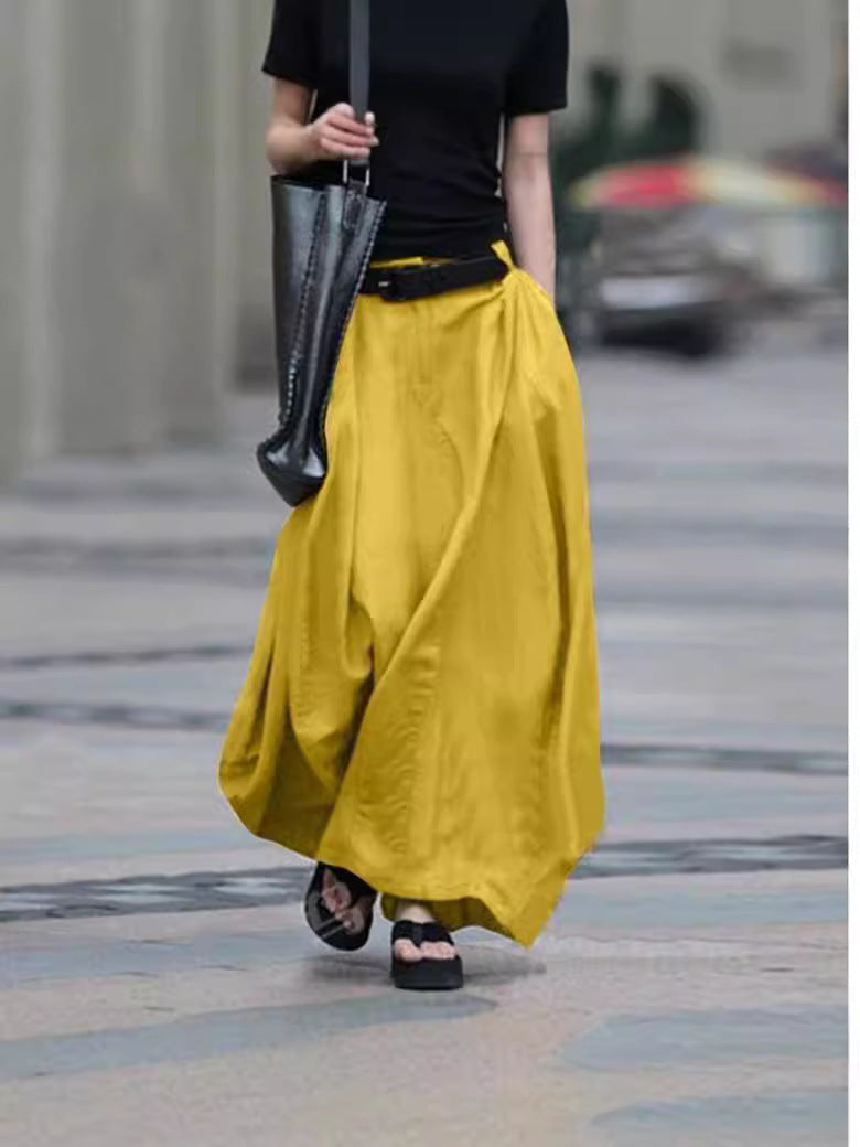 Women's High-Waist Flared Maxi Skirt – Solid Color Cotton Linen with Pockets