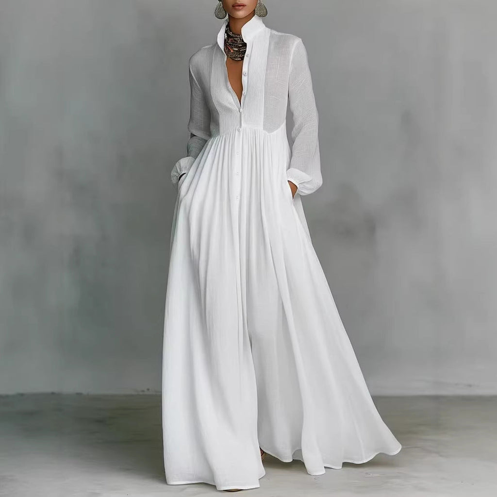 Women's French Style Long Sleeve Pleated A-Line Maxi Dress