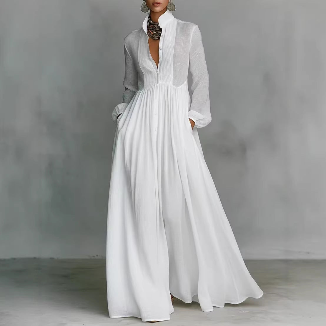 Women's French Style Long Sleeve Pleated A-Line Maxi Dress