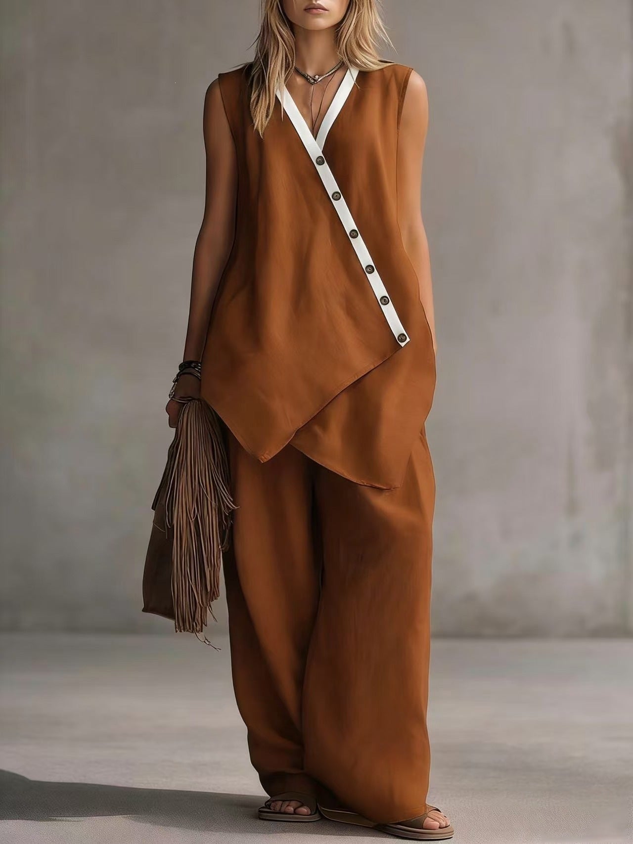 Women's Boho V-Neck Button Vest & Wide-Leg Pants Set