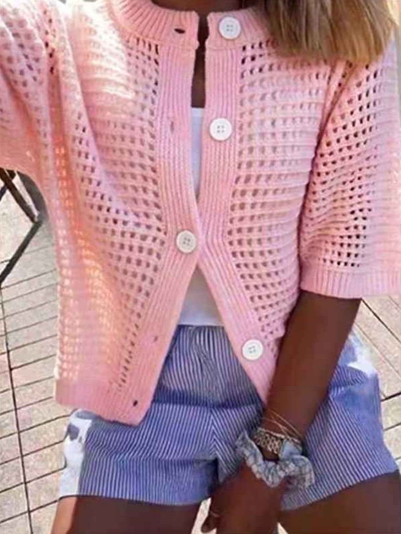 Women's Hollow-Out Knit Cardigan – Open Front, Short Sleeve, Solid Color