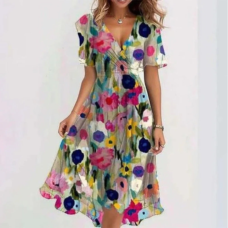 Floral Print A-Line Dress – V-Neck Short Sleeve Midi Dress