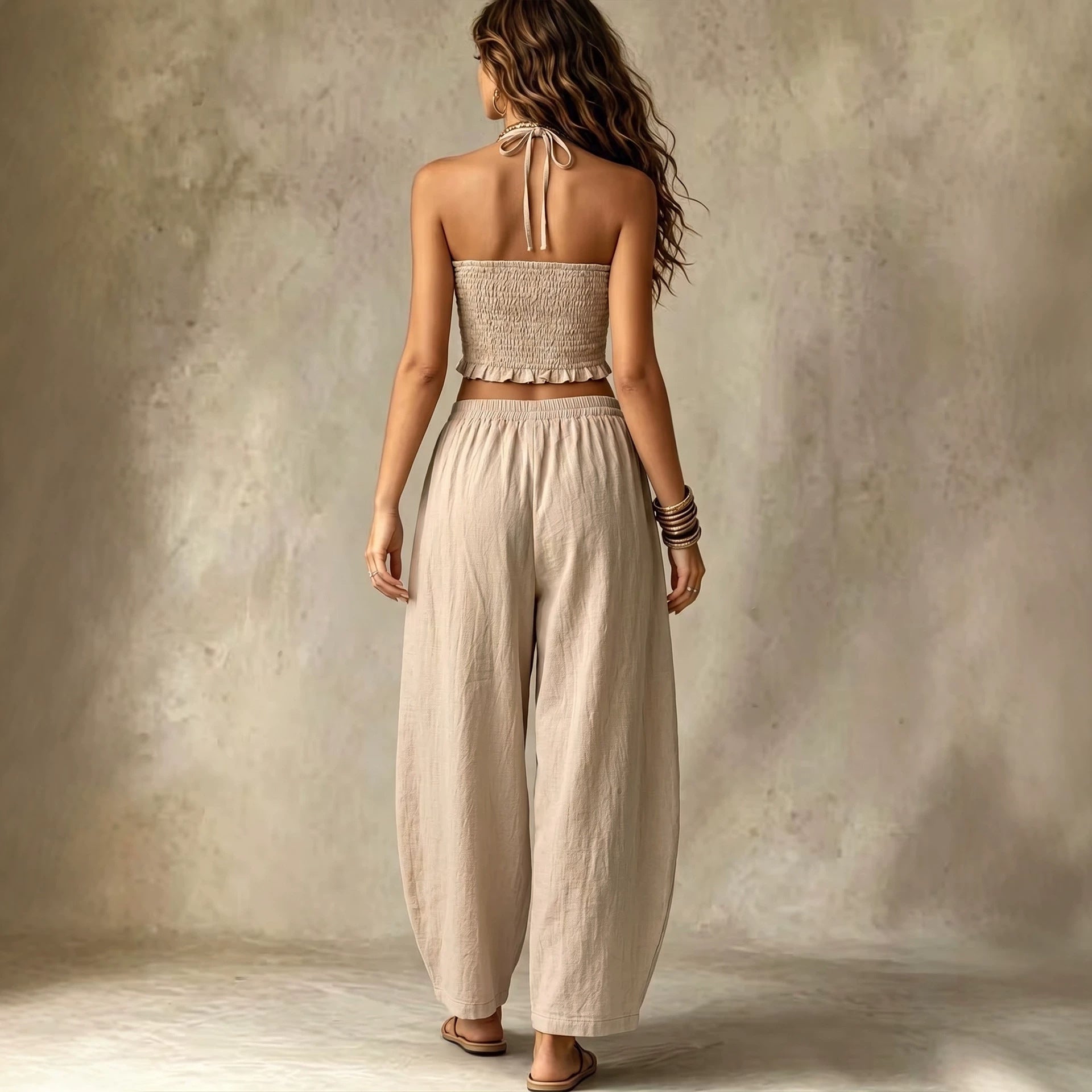 Women's Halter Neck V-Neck Crop Top & Loose Lantern Pants Linen Two-Piece Set