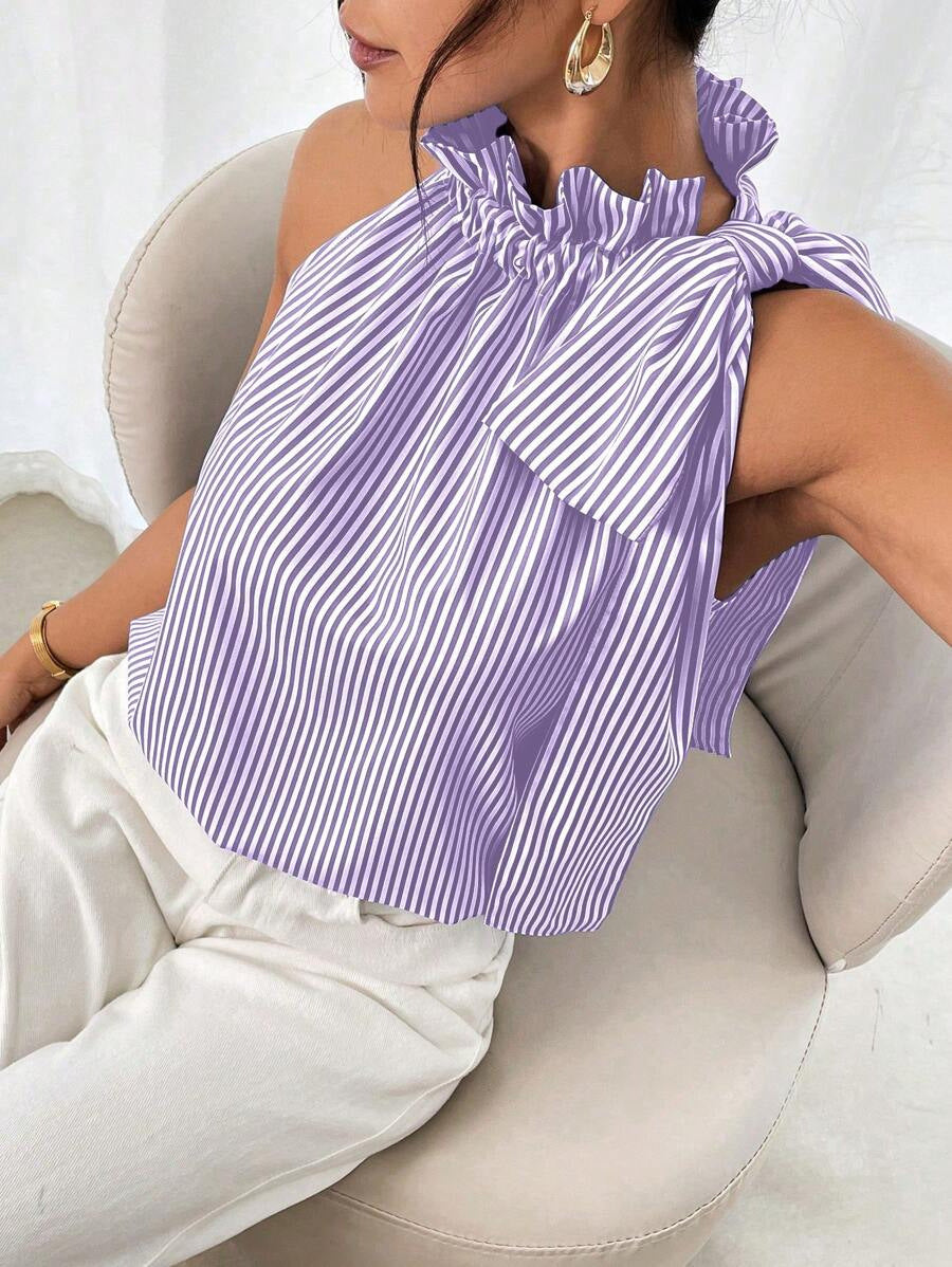 Women's Striped Sleeveless Top – Ruffle High Neck Lace Trim Tie-Knot Bow Blouse