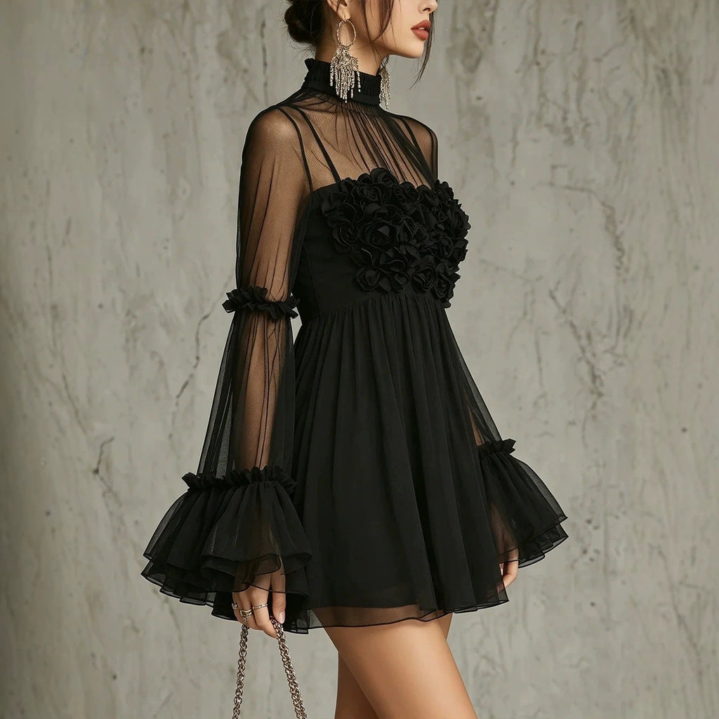 Women's Floral Embroidered Sheer Lace Dress — High Neck Flared Sleeve