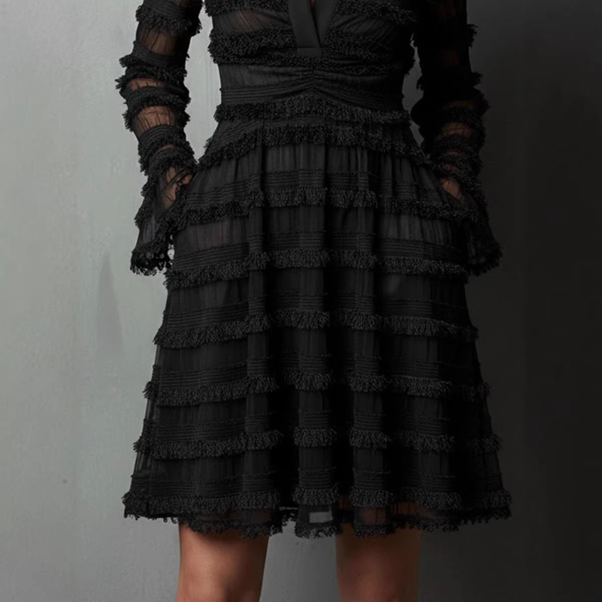 Sexy Sheer Fitted Dress with High Waist & Puff Sleeves